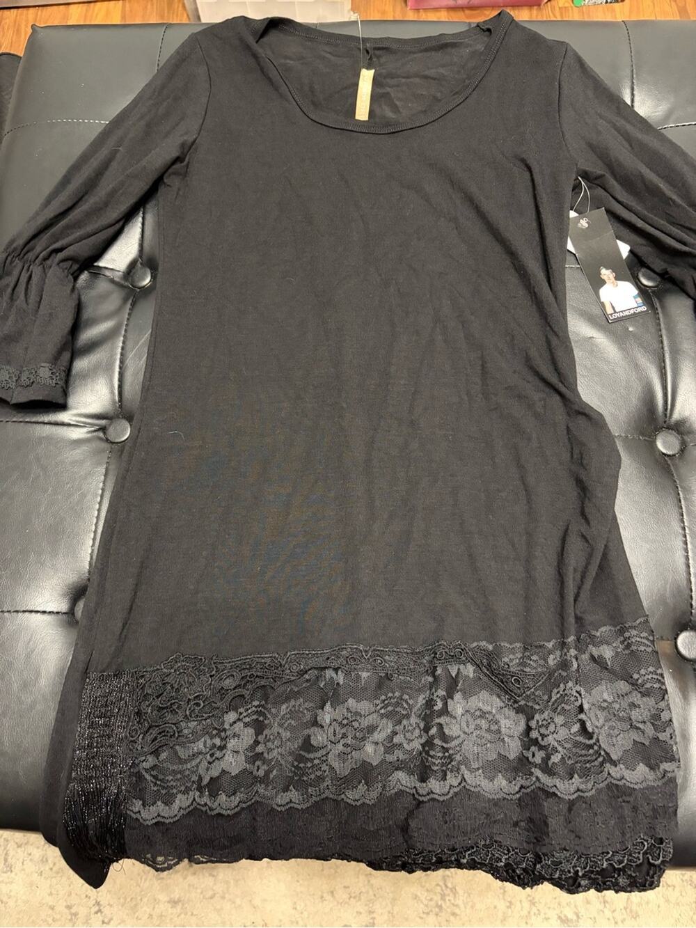 Black Lace-Hem Scoop Neck Tunic